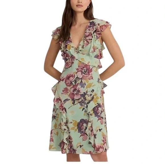 Lauren Ralph Lauren Floral Ruffle Georgette Dress Black Label Sz 8 Green Purple - Picture 1 of 10